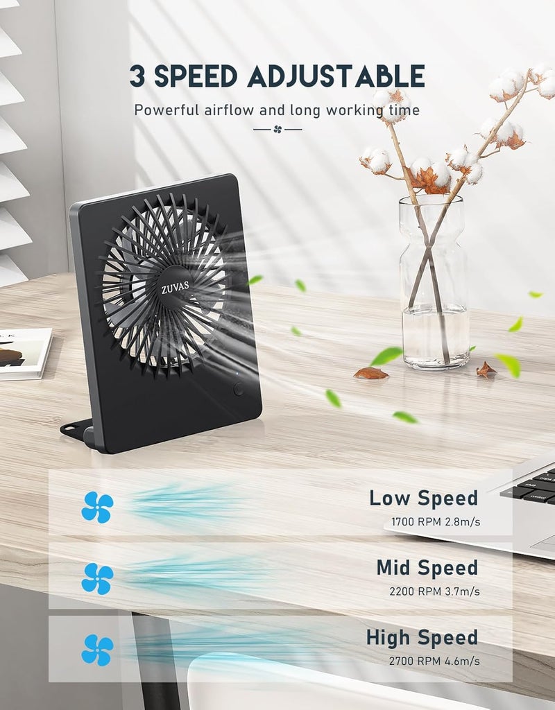 Zuvas Desk Fan Battery Operated Fan Rechargeable 180°Tilt Folding Personal Fan Ultra Quiet Small Portable 3 Speed Adjustable Strong Wind Fan For Office Bedroom Home Desktop Camping (Black) - Image 3